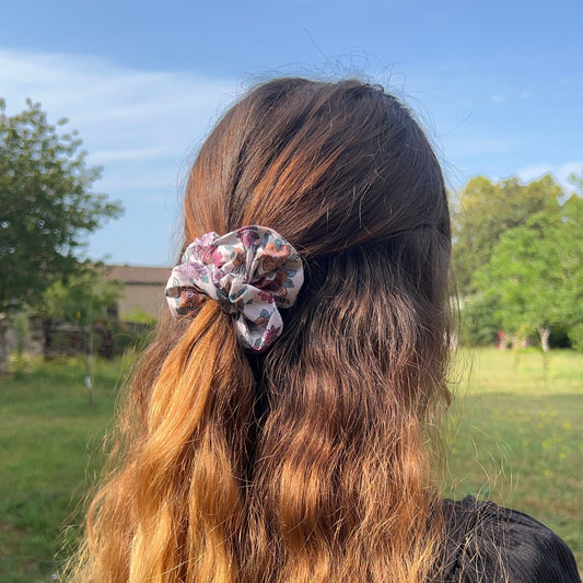 Chouchou fleurs fuchsia et camel